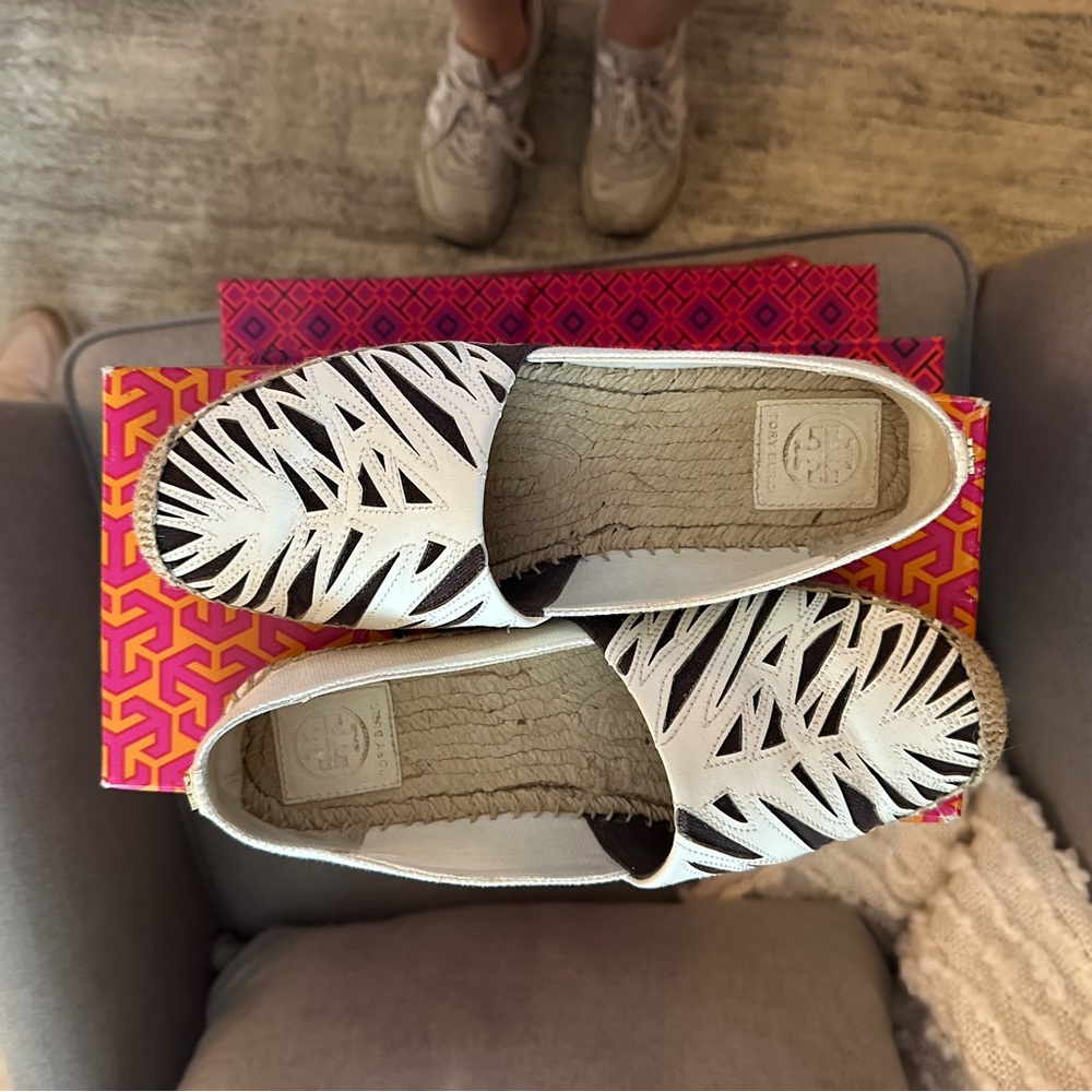 Tory Burch Black and White Espadrilles with Cut-Out Design